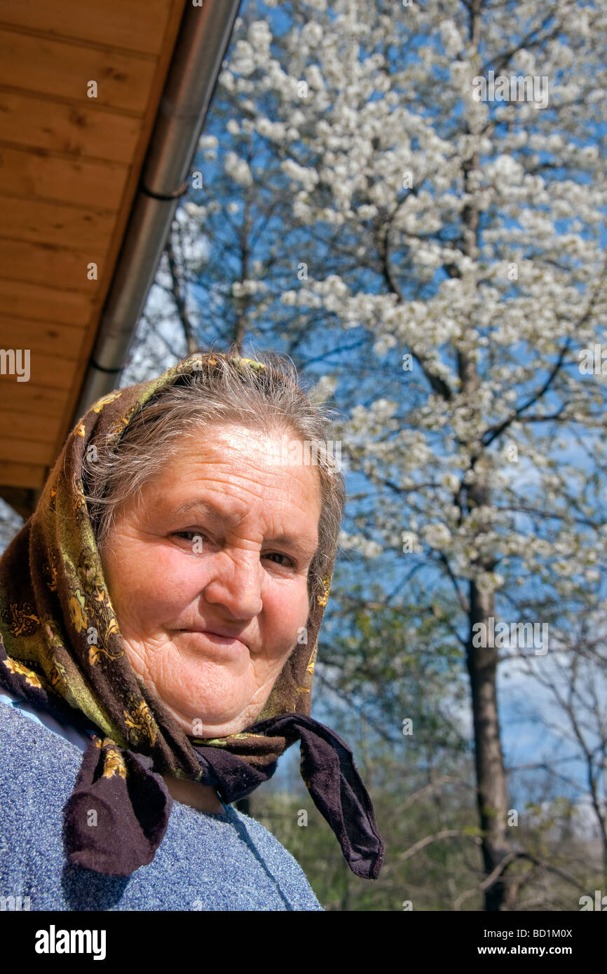 Elderly Romanian woman at Sighetu Marmatiei in spring Maramures County of northern Transylvania Stock Photo