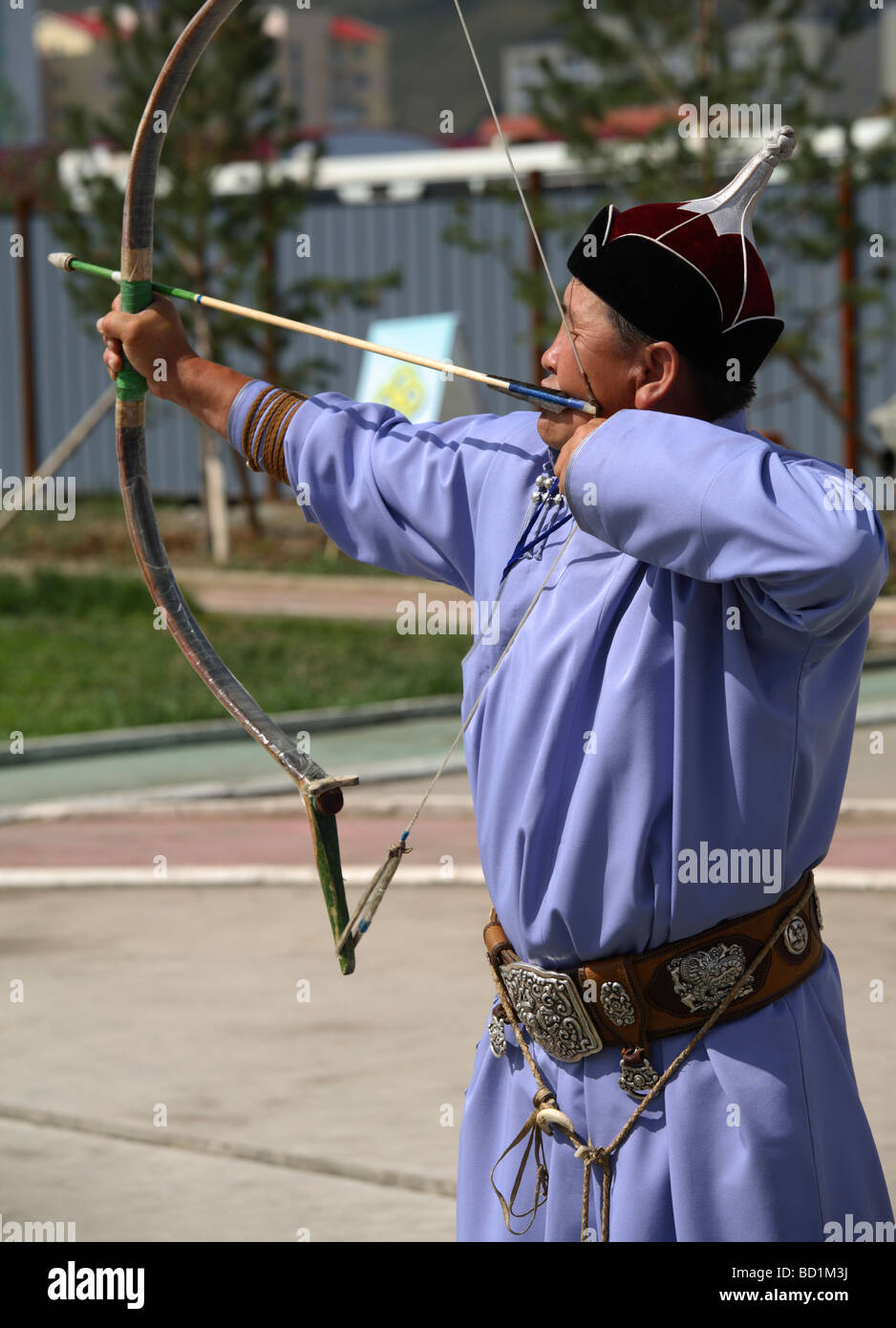 Archer during the Naadam contest, Ulaanbaatar, Mongolia Stock Photo