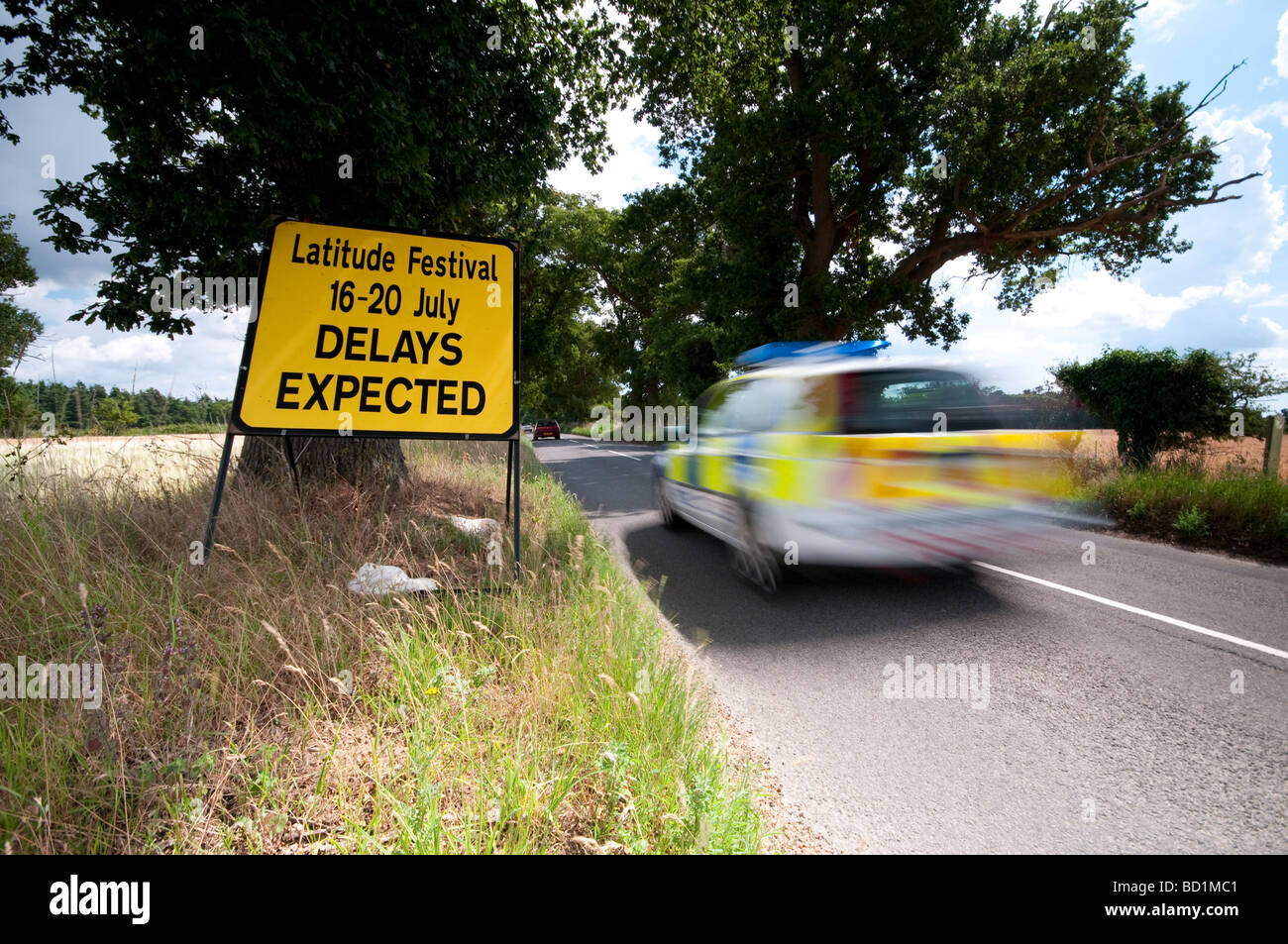 Sign Warning of possible delays due to forthcoming Latitude Music Festival Stock Photo