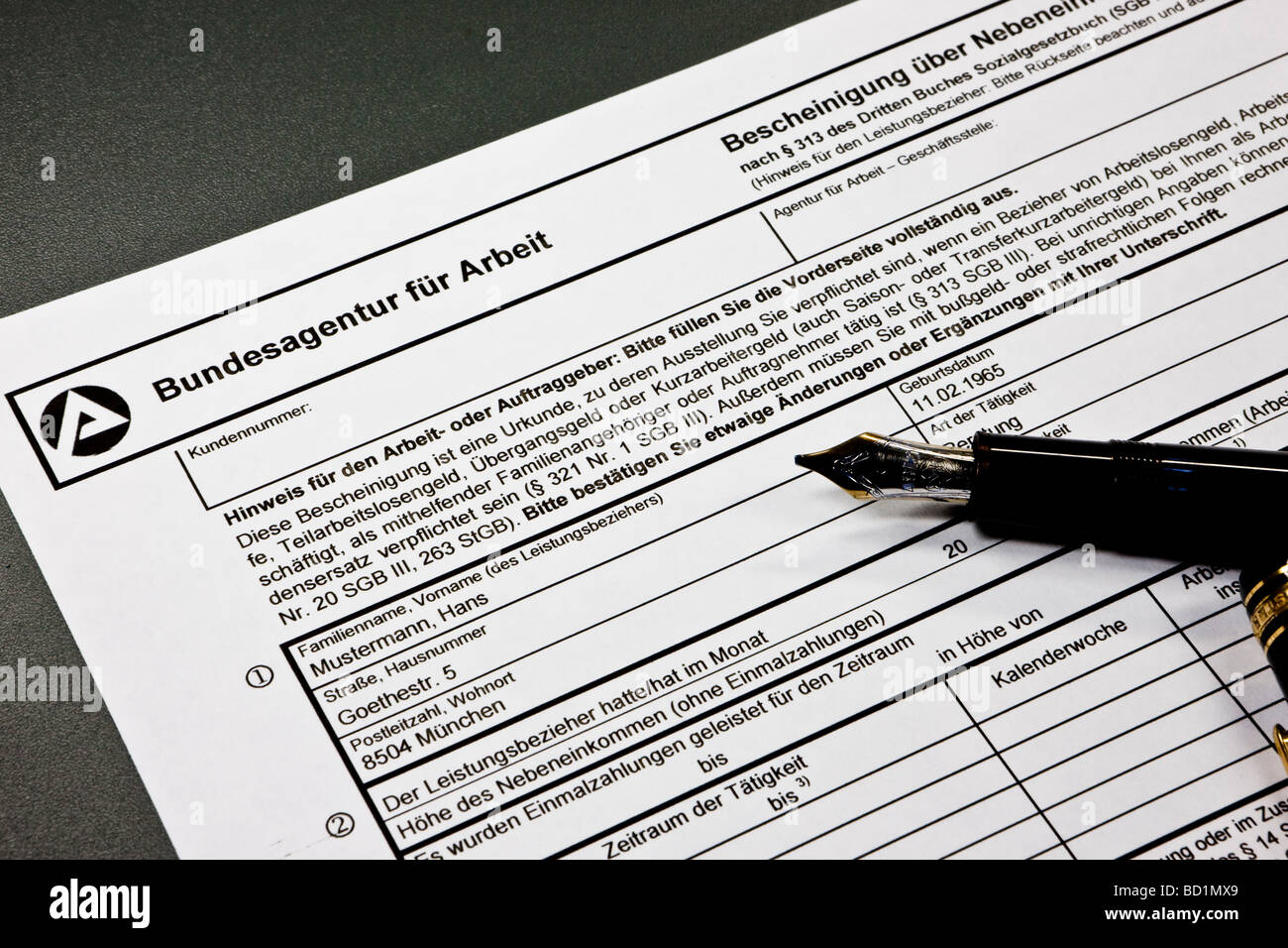 Form to hand in at the Federal Employment Agency, attests additional income acording to the third book of the Social Security C Stock Photo