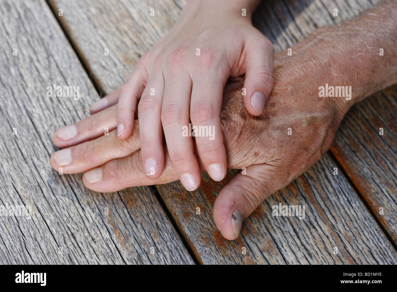 Hands, young and old, on top of each other, comforting each other Stock Photo