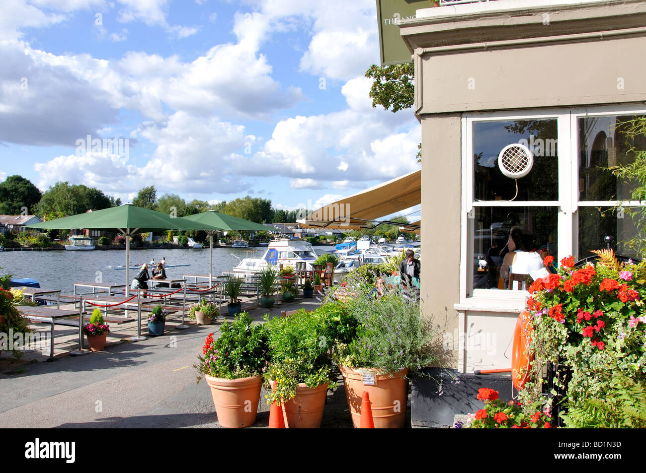 Outdoor restaurant, Thames riverside, WaltononThames, Surrey, England