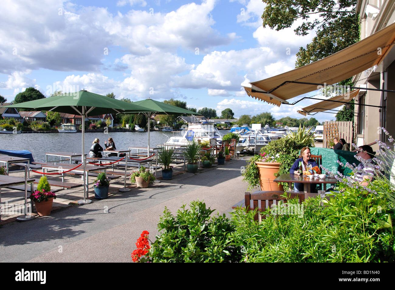 Outdoor restaurant, Thames riverside, WaltononThames, Surrey, England