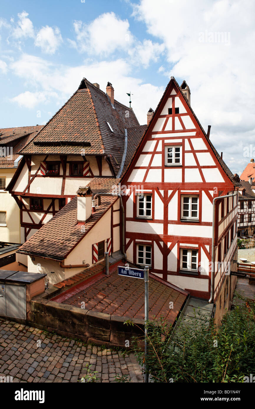 Oldest half-timbered houses of Nuremberg, Am Oelberg, historic centre, City of Nuremberg, Middle Franconia, Franconia, Bavaria, Stock Photo