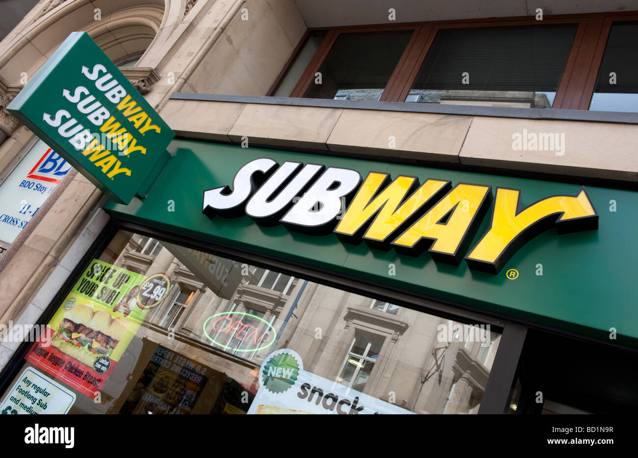 Branch of the fast food chain Subway in central Manchester Stock Photo