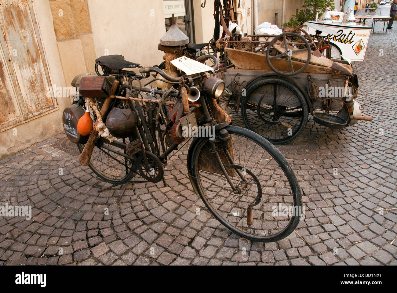 Vintage bicycles on display at a festival of old traditions in Sansepolcro Tuscany Stock Photo