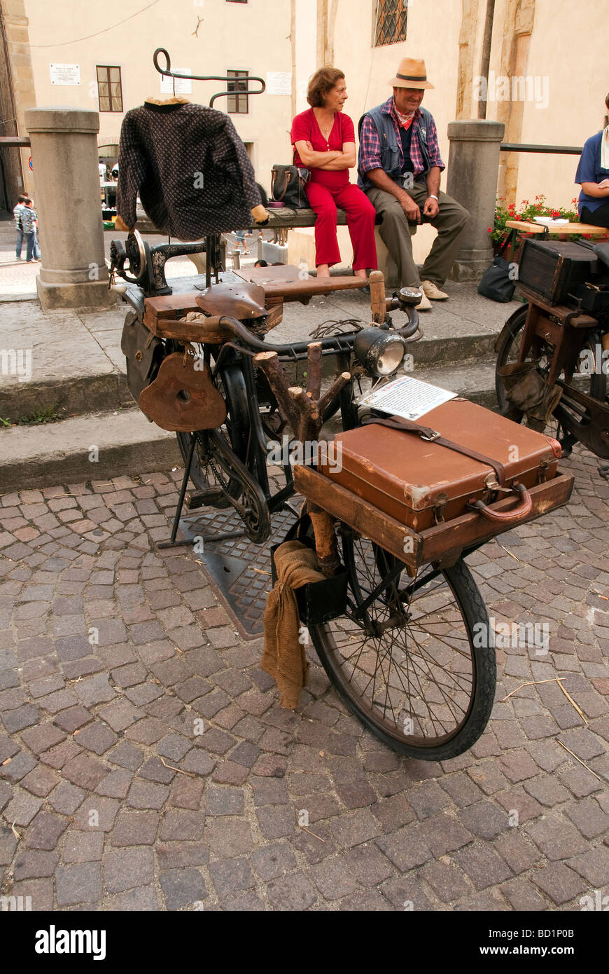 Vintage tailor's bicycle on display at a festival of old traditions in Sansepolcro Tuscany Stock Photo