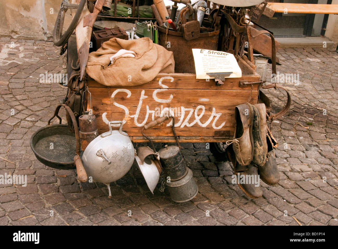 Vintage tinker's bicycle on display at a festival of old traditions in Sansepolcro Tuscany Stock Photo
