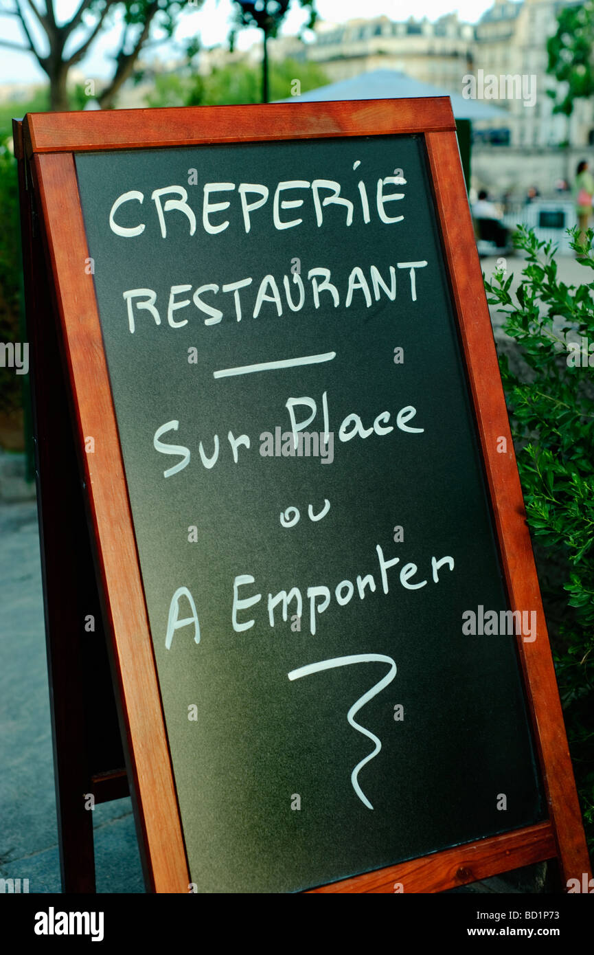 Paris France, Detail, French Creperie Restaurant Sign on Blackboard Street  Quay at Paris Plages Event Stock Photo