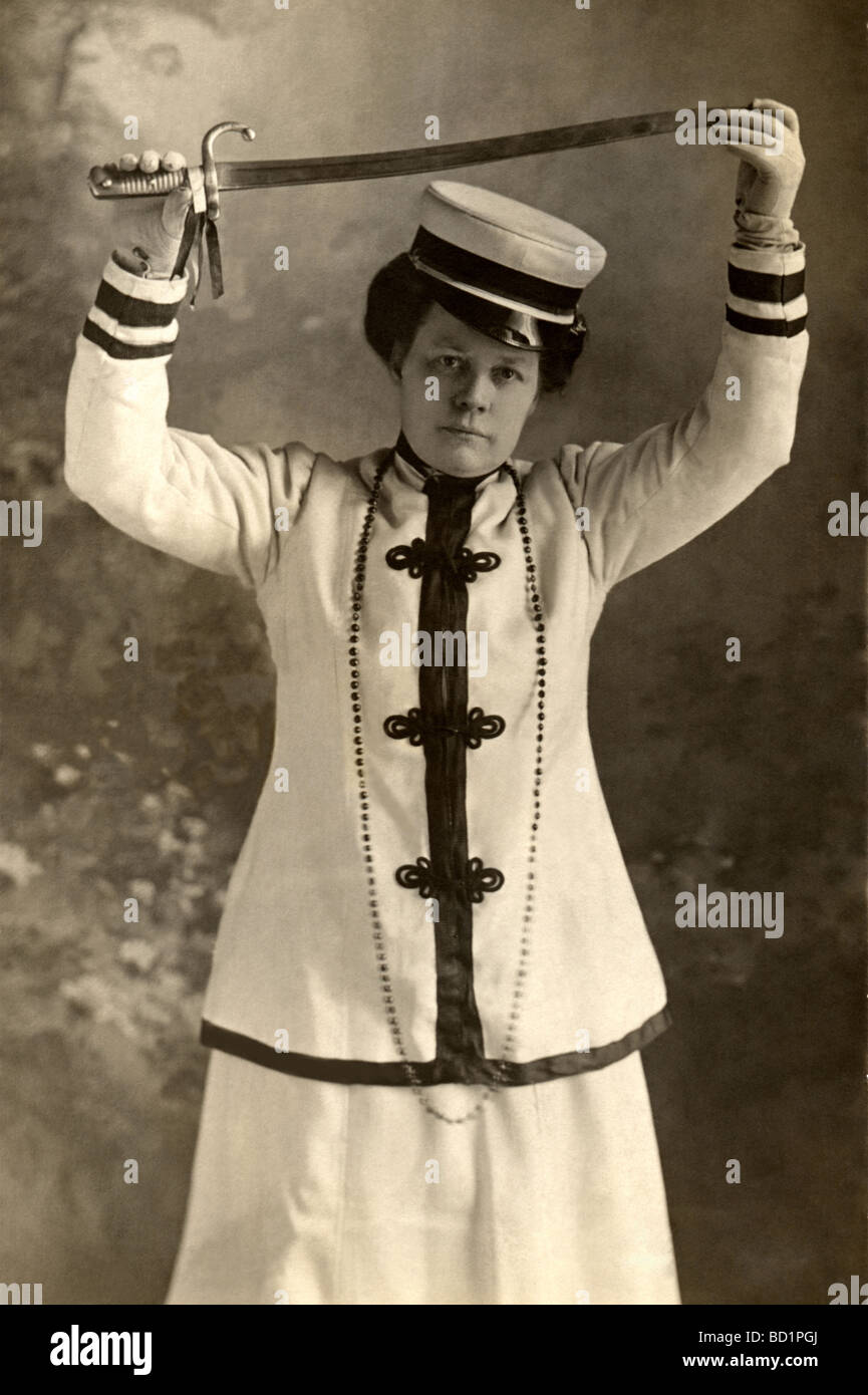 Woman in Band Uniform Holding Sword High Stock Photo