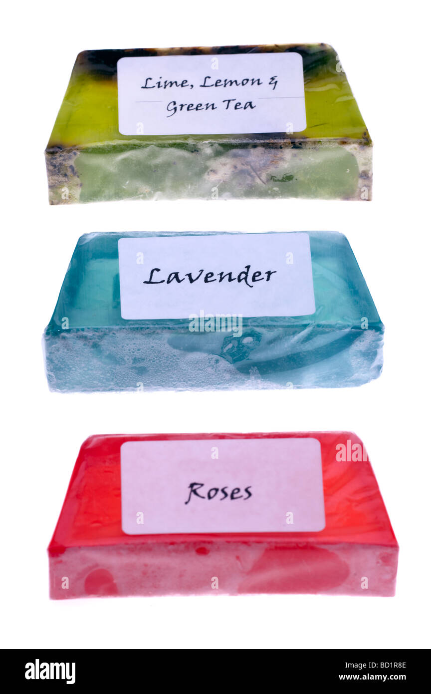 Three flower scented bars of homemade soap Stock Photo