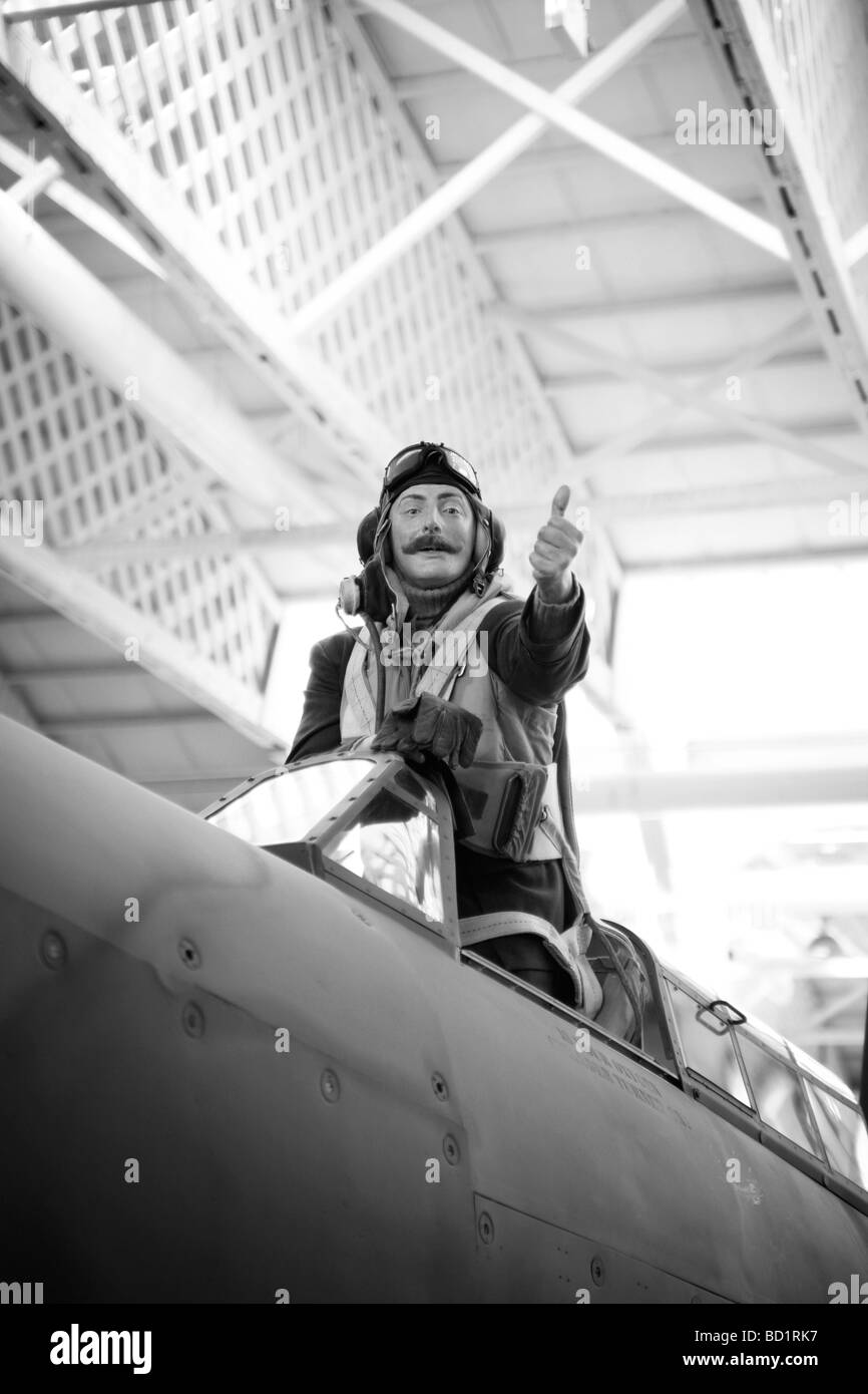 World war 2 pilot,mannequin,in the cockpit,giving the thumbs up.black & white Stock Photo