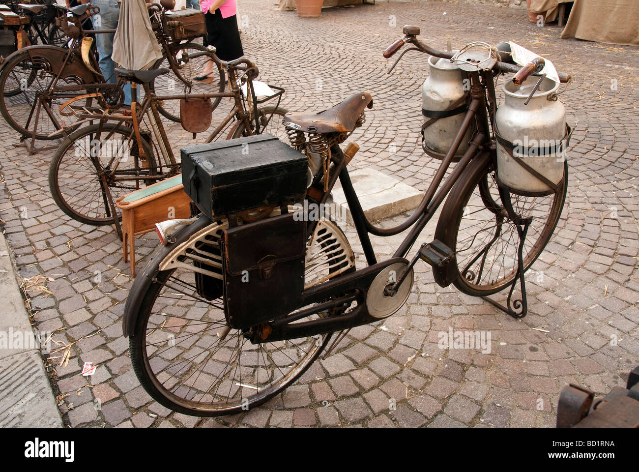 Vintage bicycles on display at a festival of old traditions in Sansepolcro Tuscany, milkman's bike Stock Photo