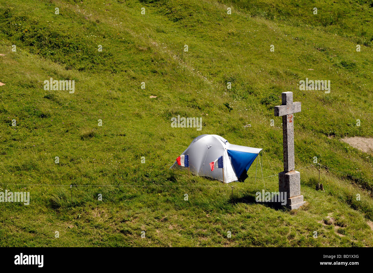 Wild camping in the French Alps. Waiting for the Tour de France to