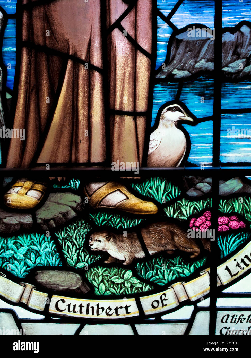 Stained glass representation saint cuthbert hires stock photography