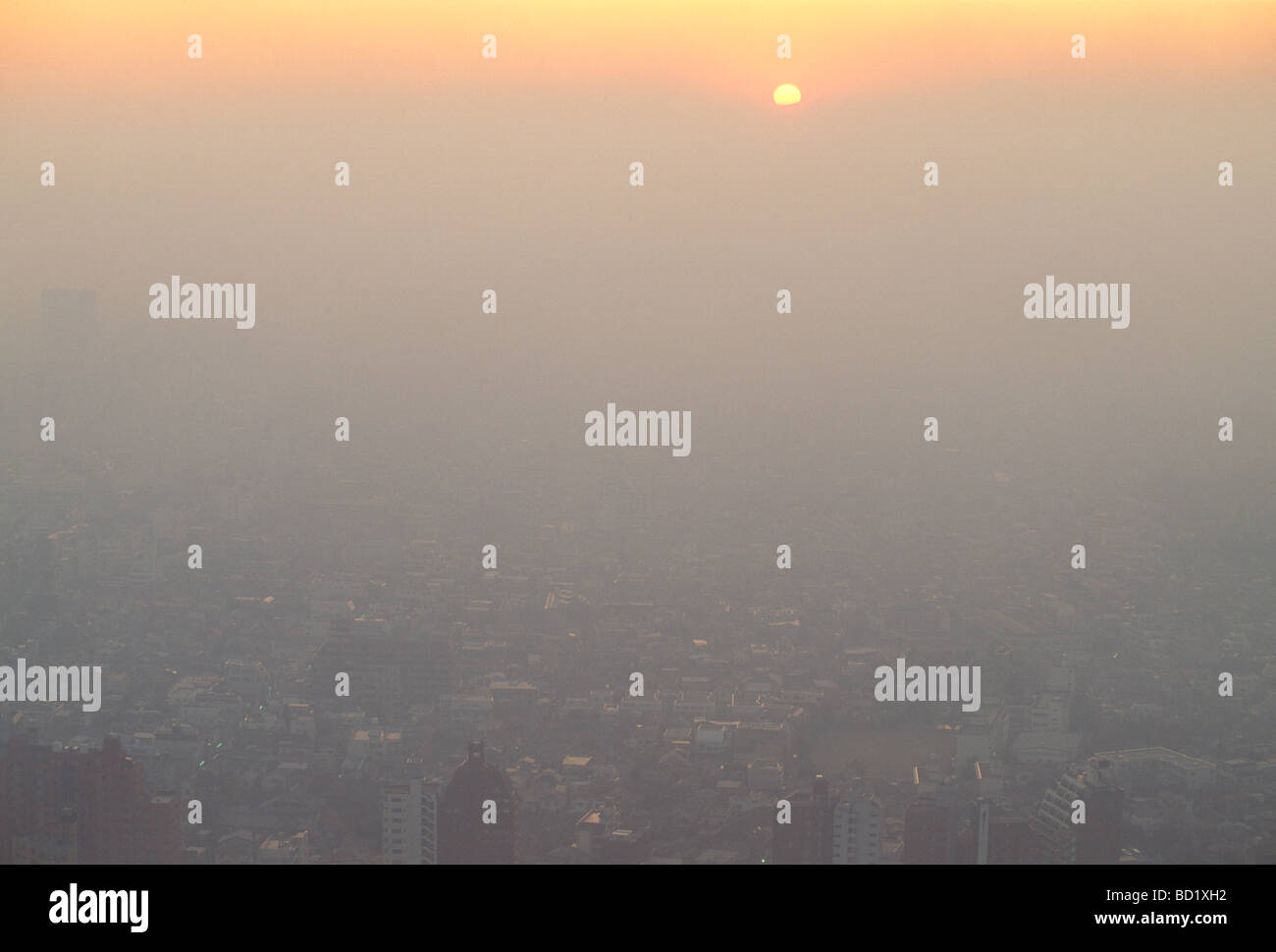 Aerial view of smog near sunset over Shinjuku district Tokyo Japan