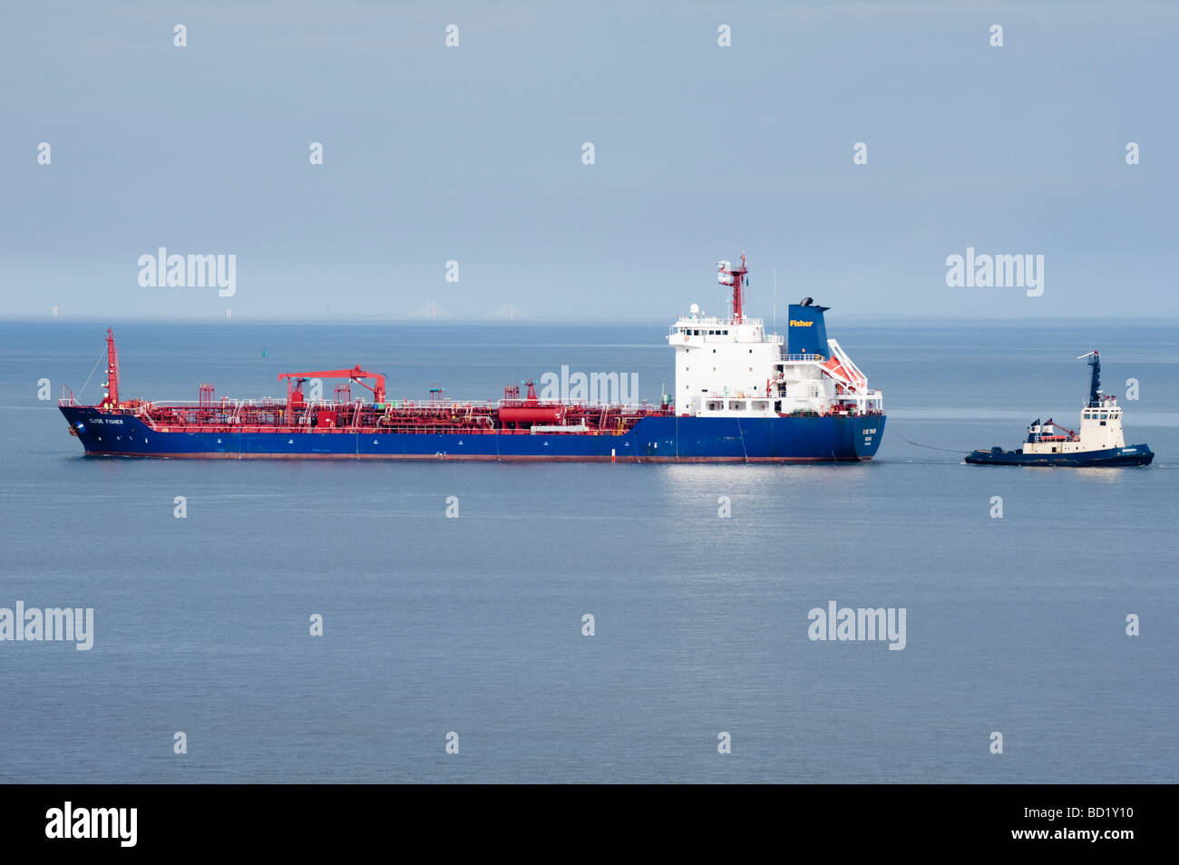 Tanker, Clyde Fisher, passing Penarth Head, bound for Cardiff.  The new and old Severn Bridges are visible in the background. Stock Photo
