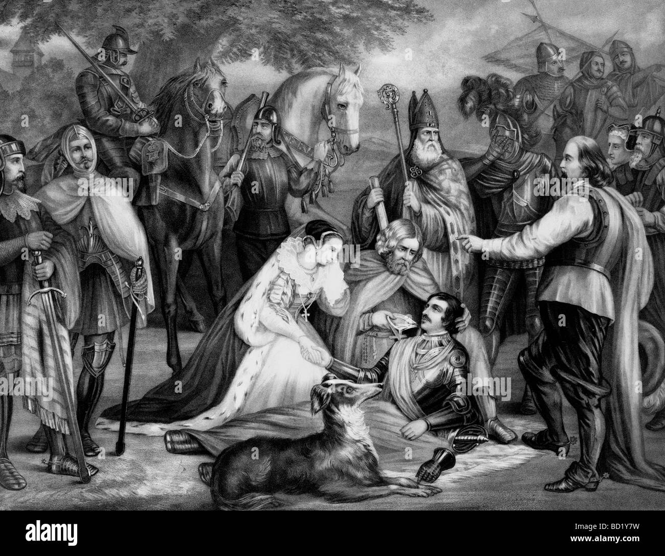 Mary of Scotland mourning over the dying Douglas at the Battle of Langside, 1568 Stock Photo