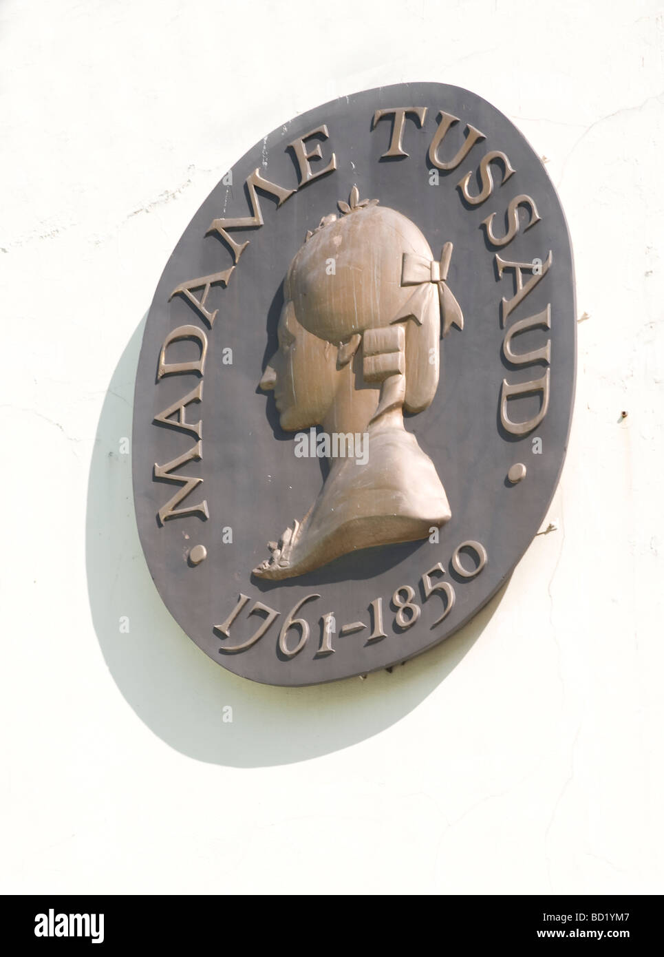 Madame Tussaud's, London showing close up of plaque commerating Madame Tussaud 1761-1850 Stock Photo