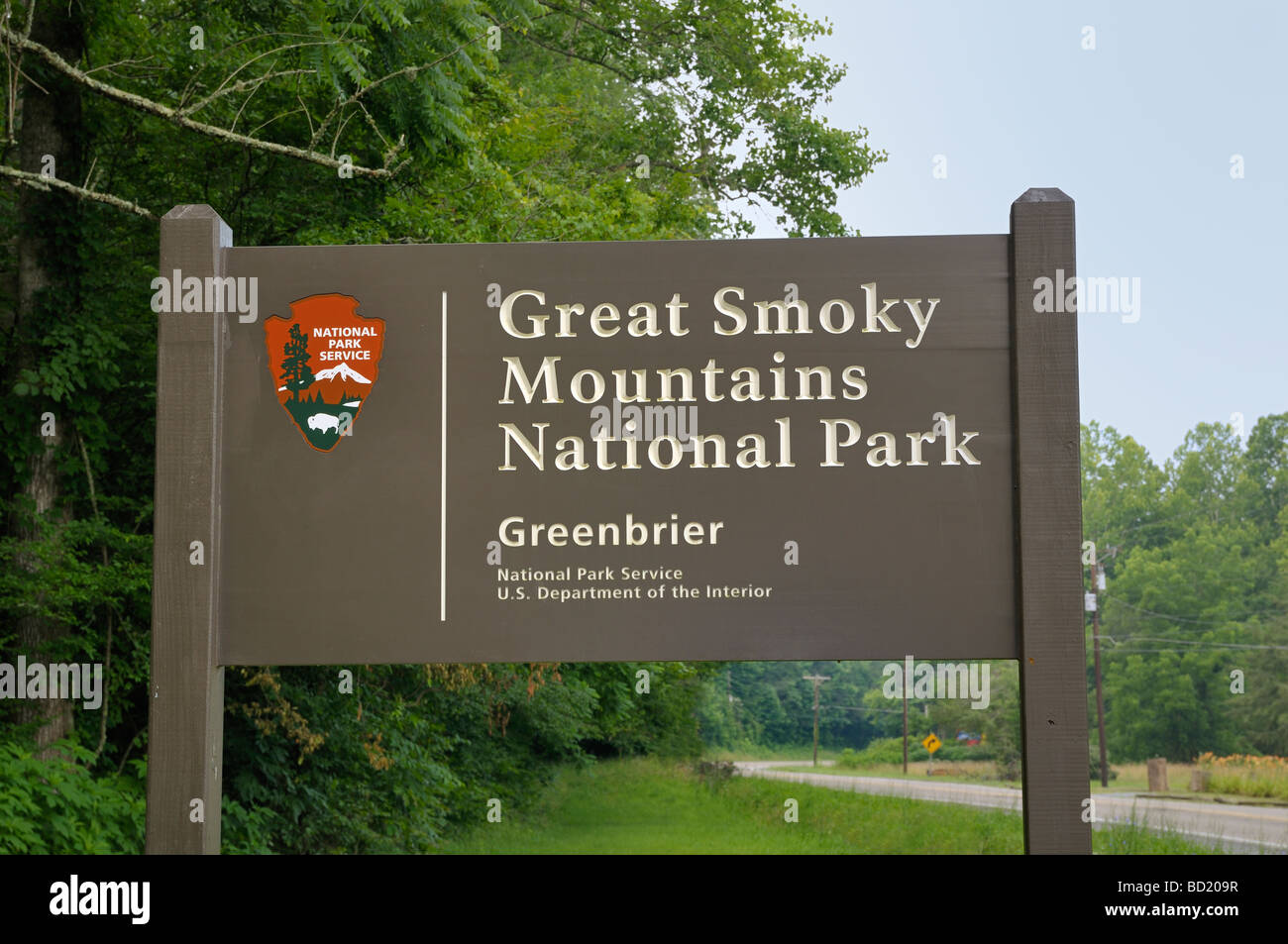 Road Sign for Greenbrier of the Great Smoky Mountains in Tennessee, USA