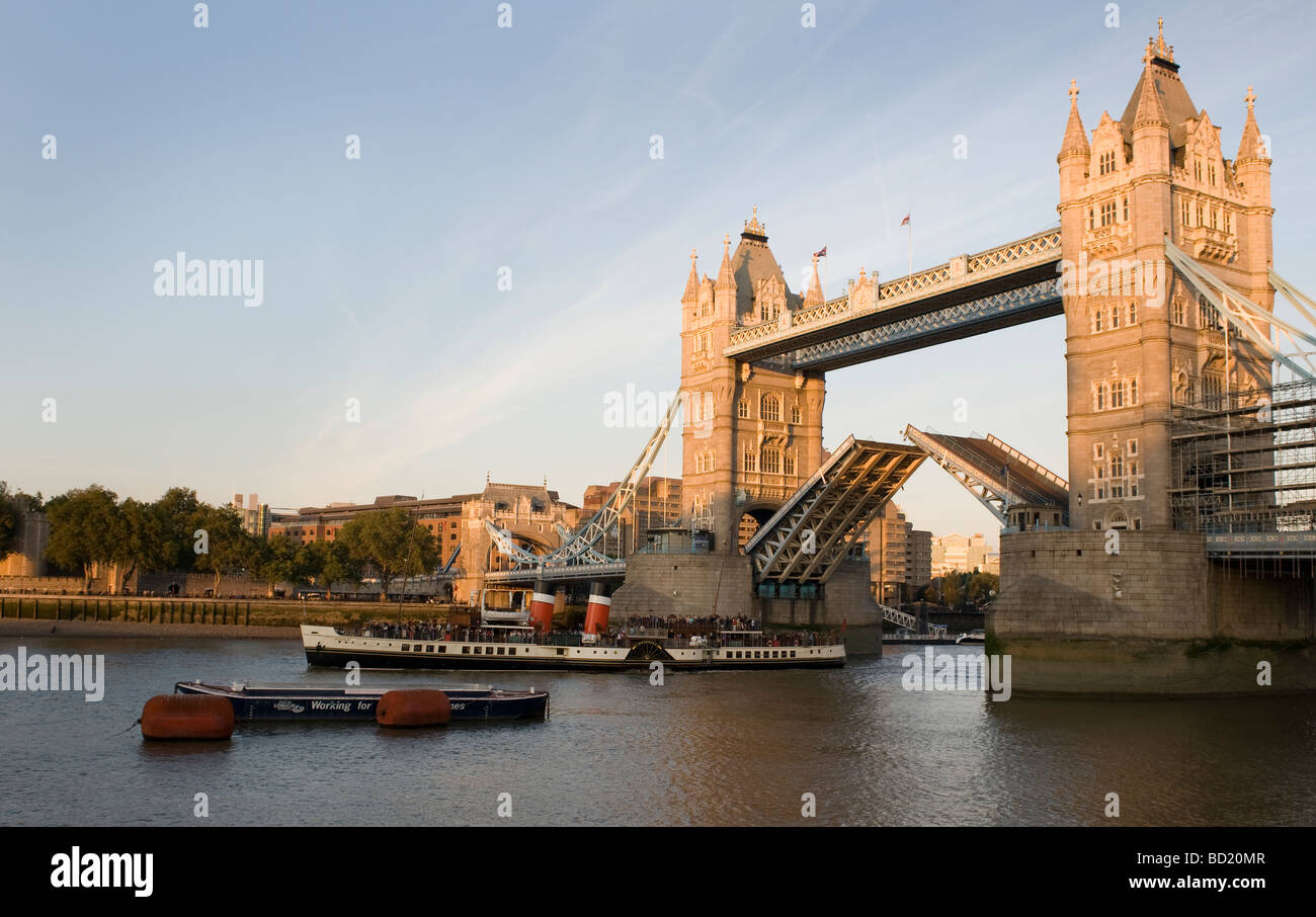Tower Bridge, London, UK, bridges in the raised position to allow SV