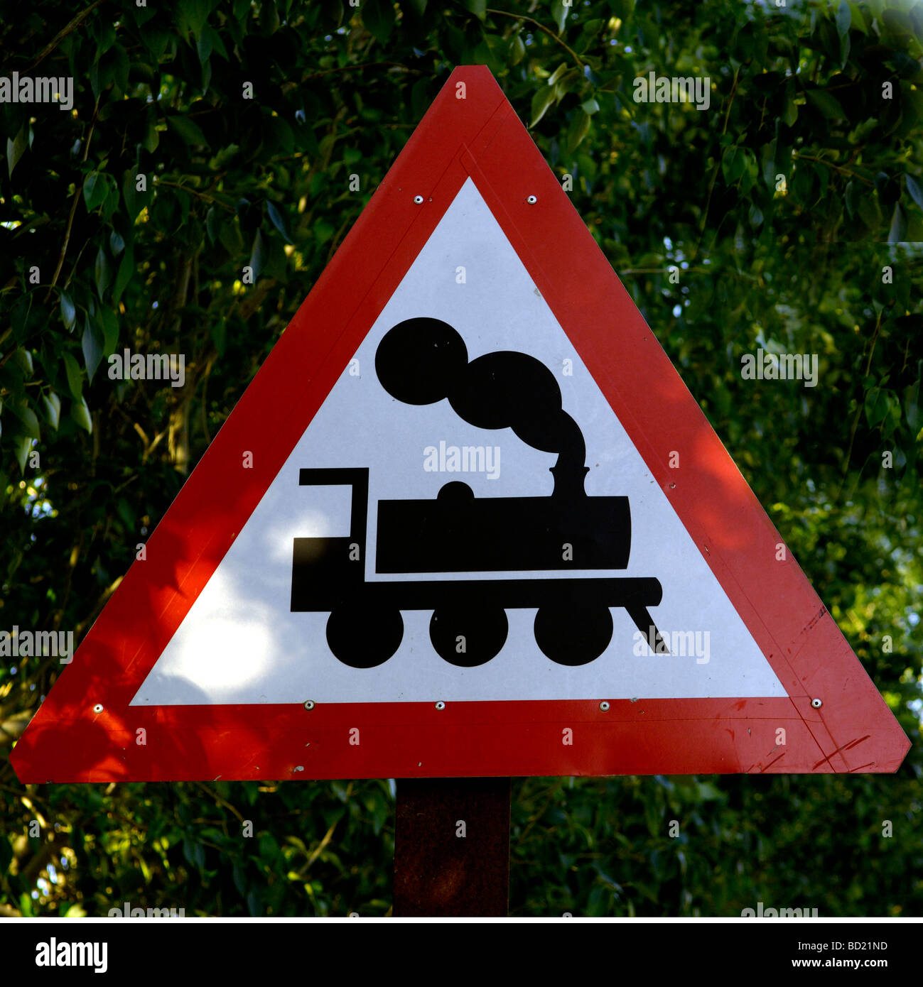 Road warning sign 'unguarded train crossing' South Africa, Africa. Stock Photo