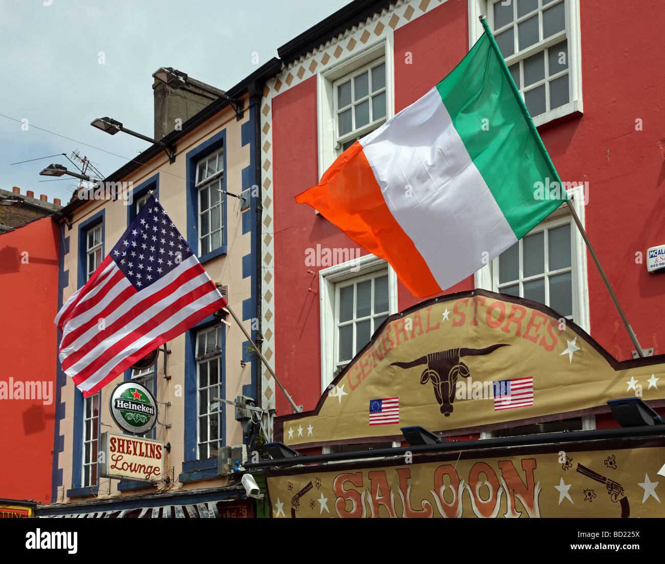Stars and Stripes Irish Tricolor Carrickmacross Main Street Ireland Stock Photo