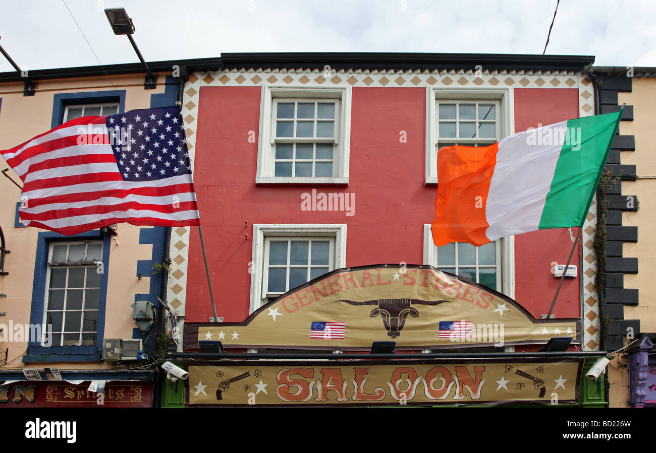 Stars and Stripes and Irish Tricolor flying Carrickmacross Ireland Stock Photo