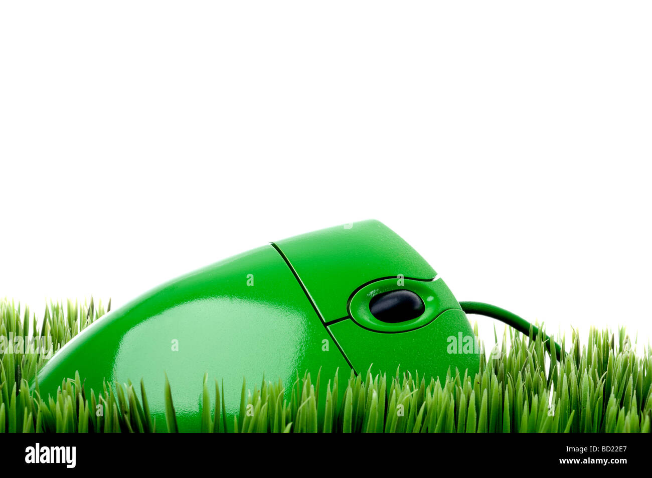 horizontal close up of a green computer mouse on grass Stock Photo