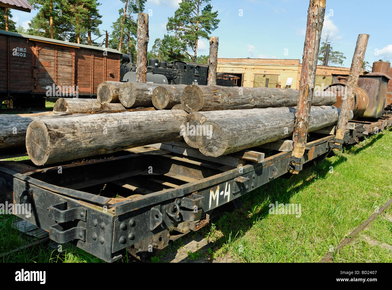 Logs on the flat wagon Narrow gauge railroad museum in Pereslavl Zalesskyi Russia Stock Photo