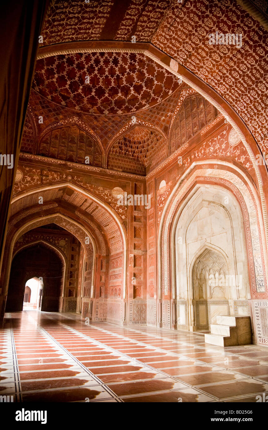 Internal sanctuary area of the Taj Mahal mosque on the river-front terrace (Chameli Farsh) of the Taj. Agra. India. Stock Photo