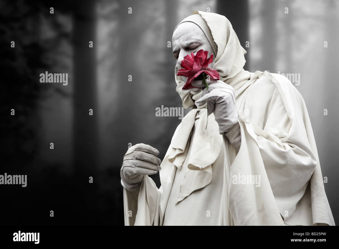 Man, wrapped in white cloth, holding a flower in his hand, wandering through a foggy forest Stock Photo