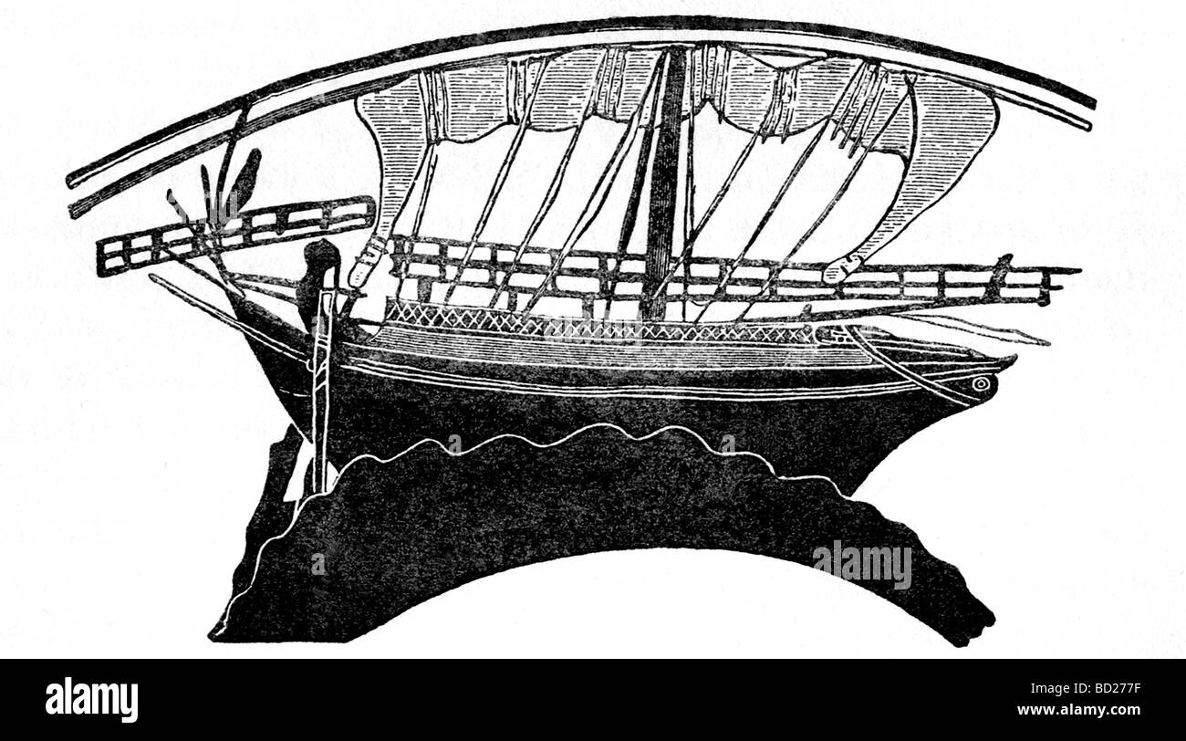This vessel, taken from a Greek vase painting, dates to around 500 B.C. Note the steering oar at the stern. Stock Photo
