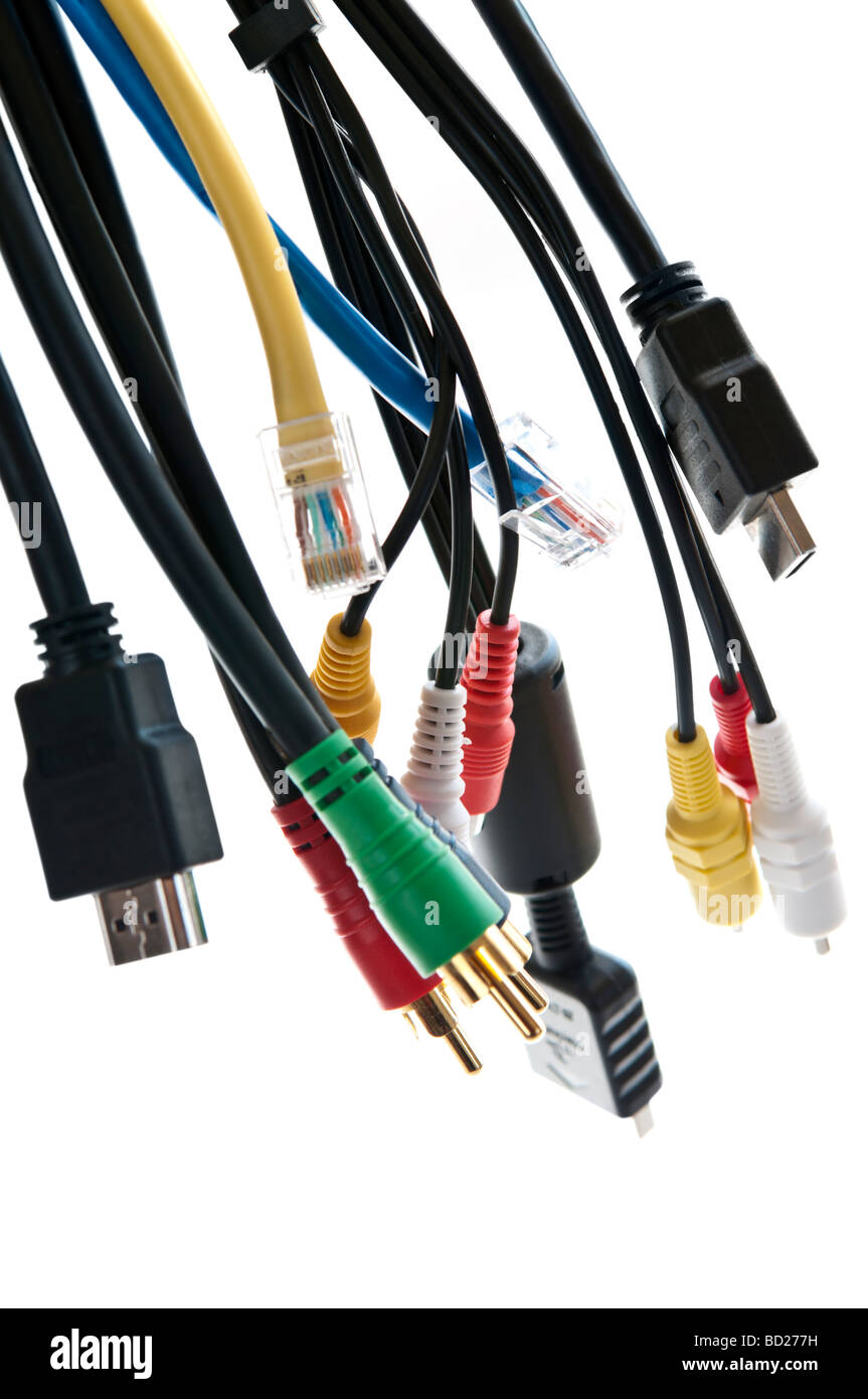 Wires and connectors for computer audio video Stock Photo Alamy