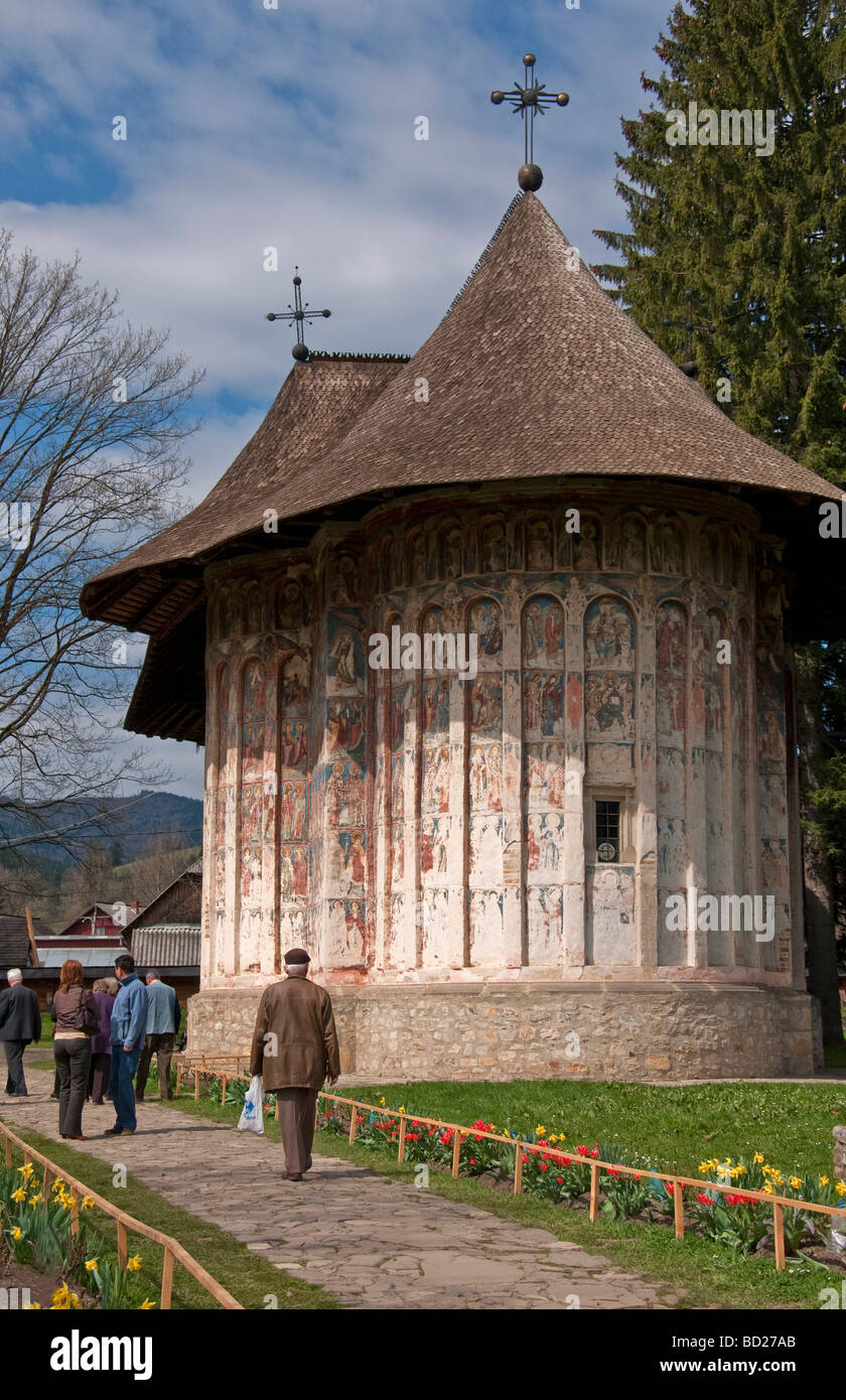 Romania's Humor Painted Monastery of Bucovina decorated with 15th & 16th century frescoes Stock Photo
