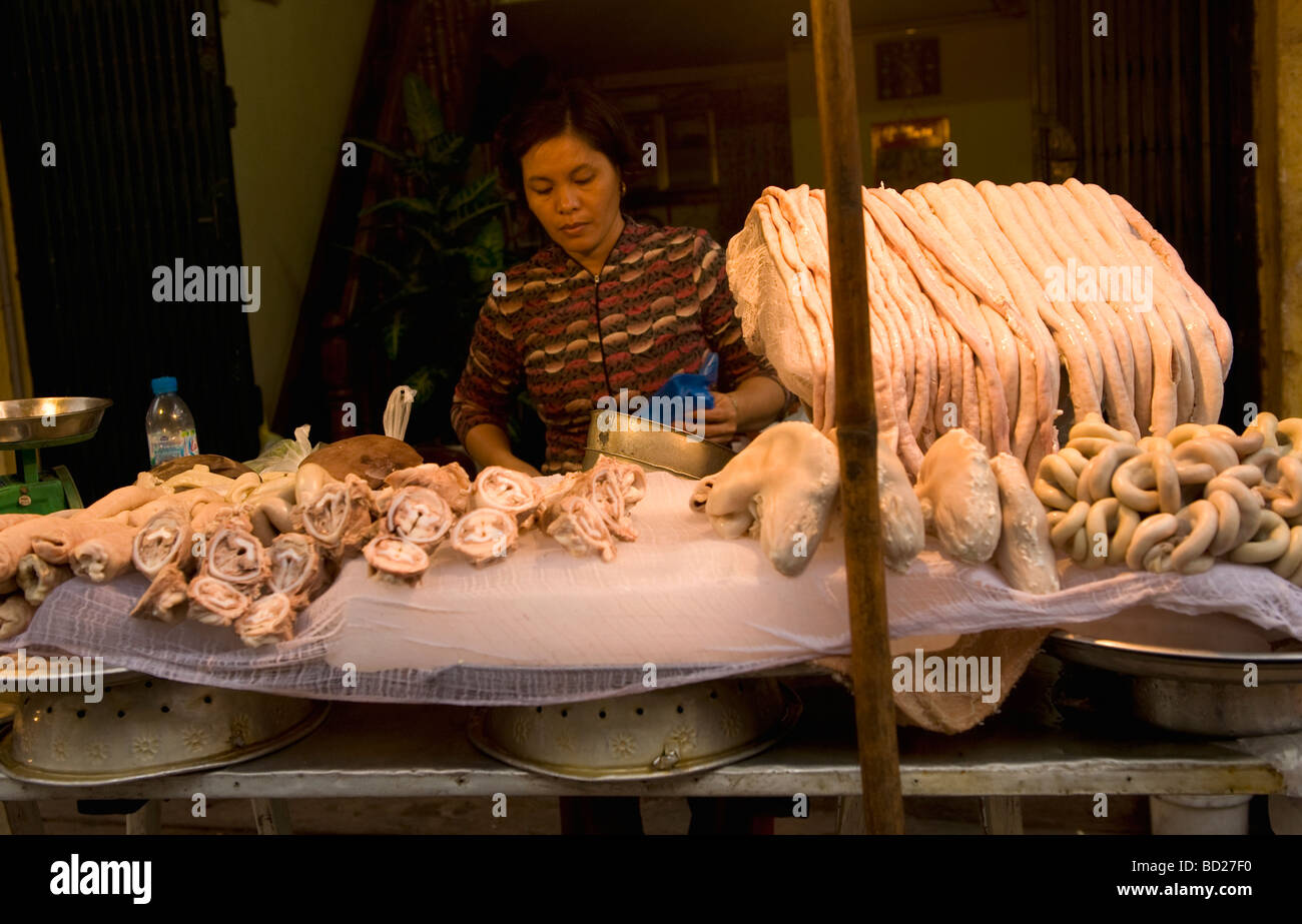 pork's offal vendor shop in old Quarter, Hanoi, Vietnam. Stock Photo