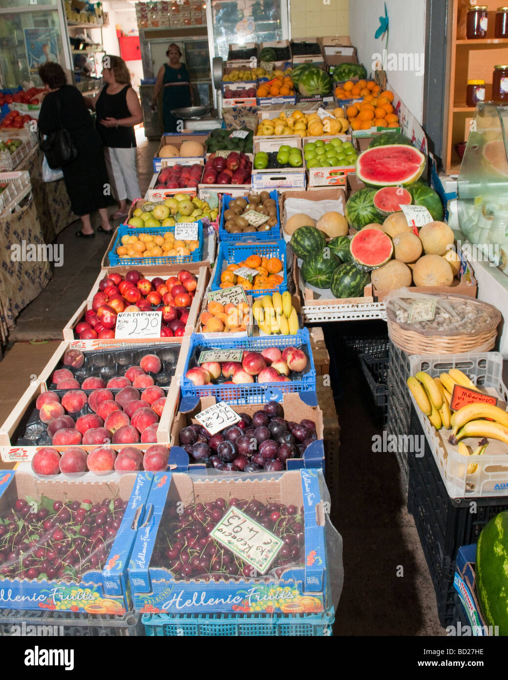 Shop selling fresh fruit at the indoor market in Chania, Crete, Greece. Stock Photo