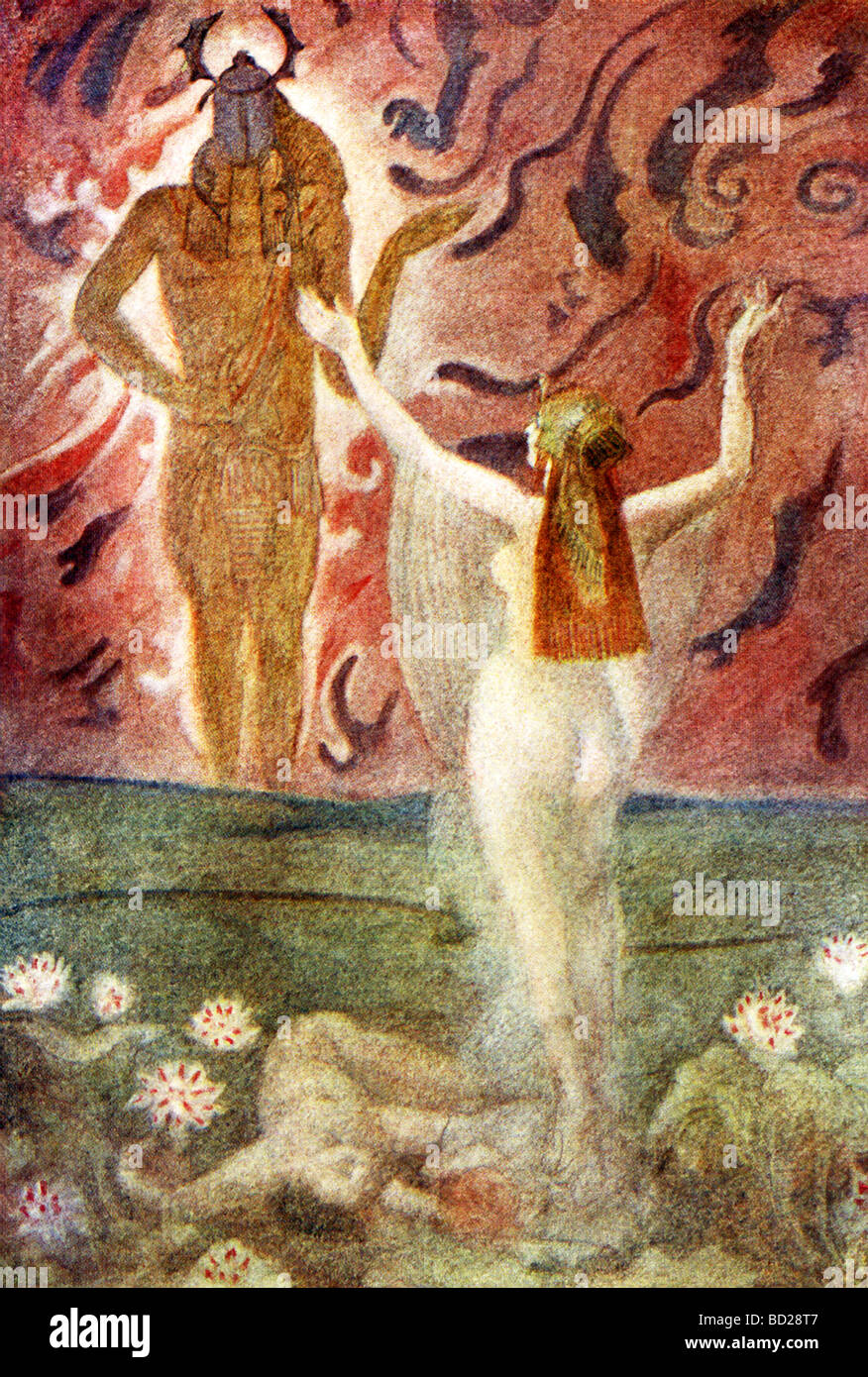 This 1915 illustration shows the Egyptian goddess Isis with the mighty Ra.  The fallen body is the god ill from the bite Stock Photo - Alamy