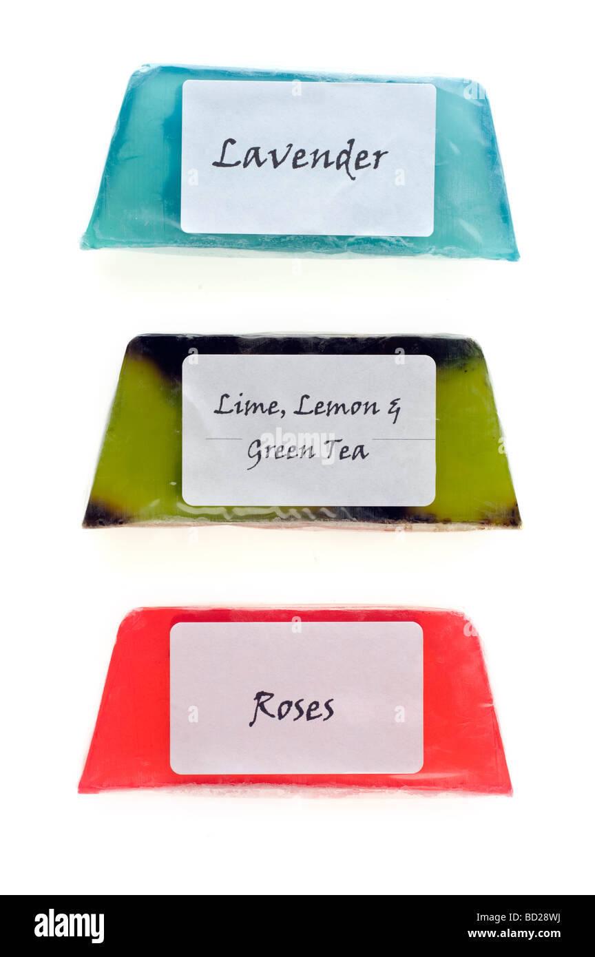 Three flower scented bars of homemade soap Stock Photo