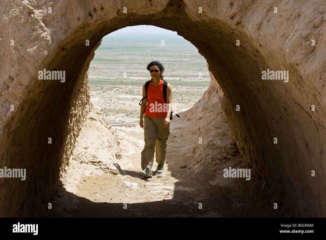 Tourist at Ayaz Qala Fortress in Uzbekistan Stock Photo