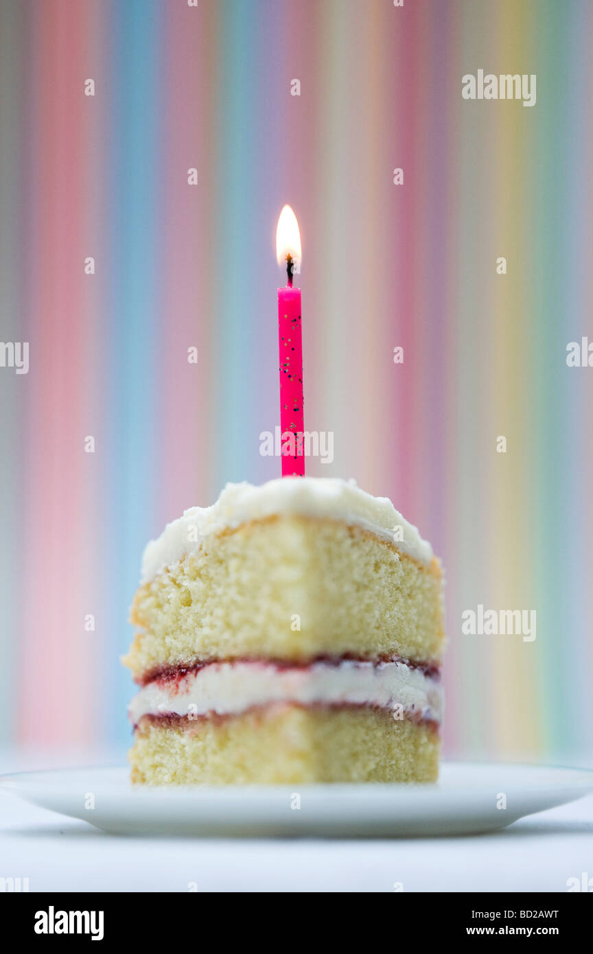 Slice of birthday cake with a lighted candle against a colourful pastel