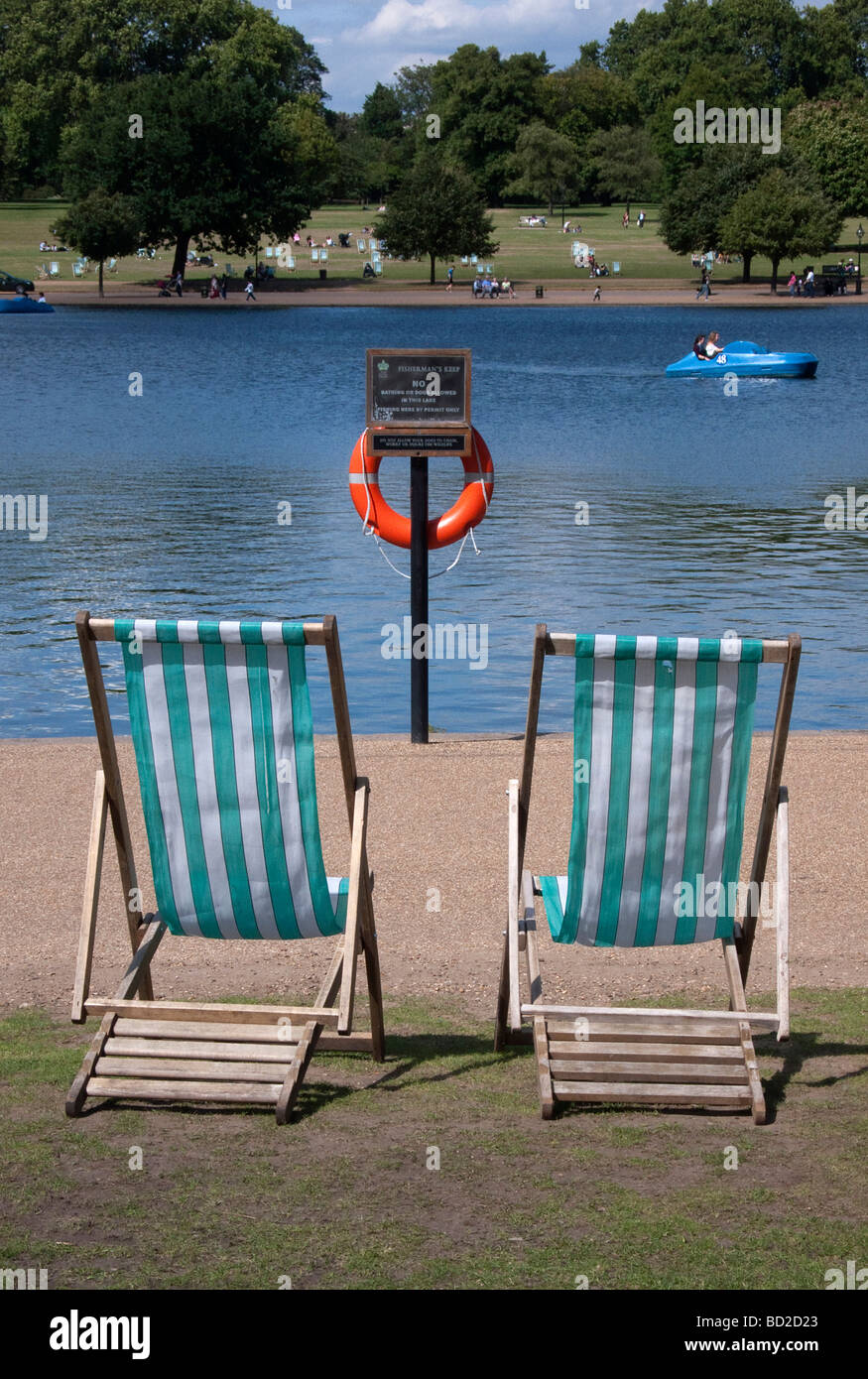 Deckchairs by the Serpentine in Hyde Park London UK Stock Photo