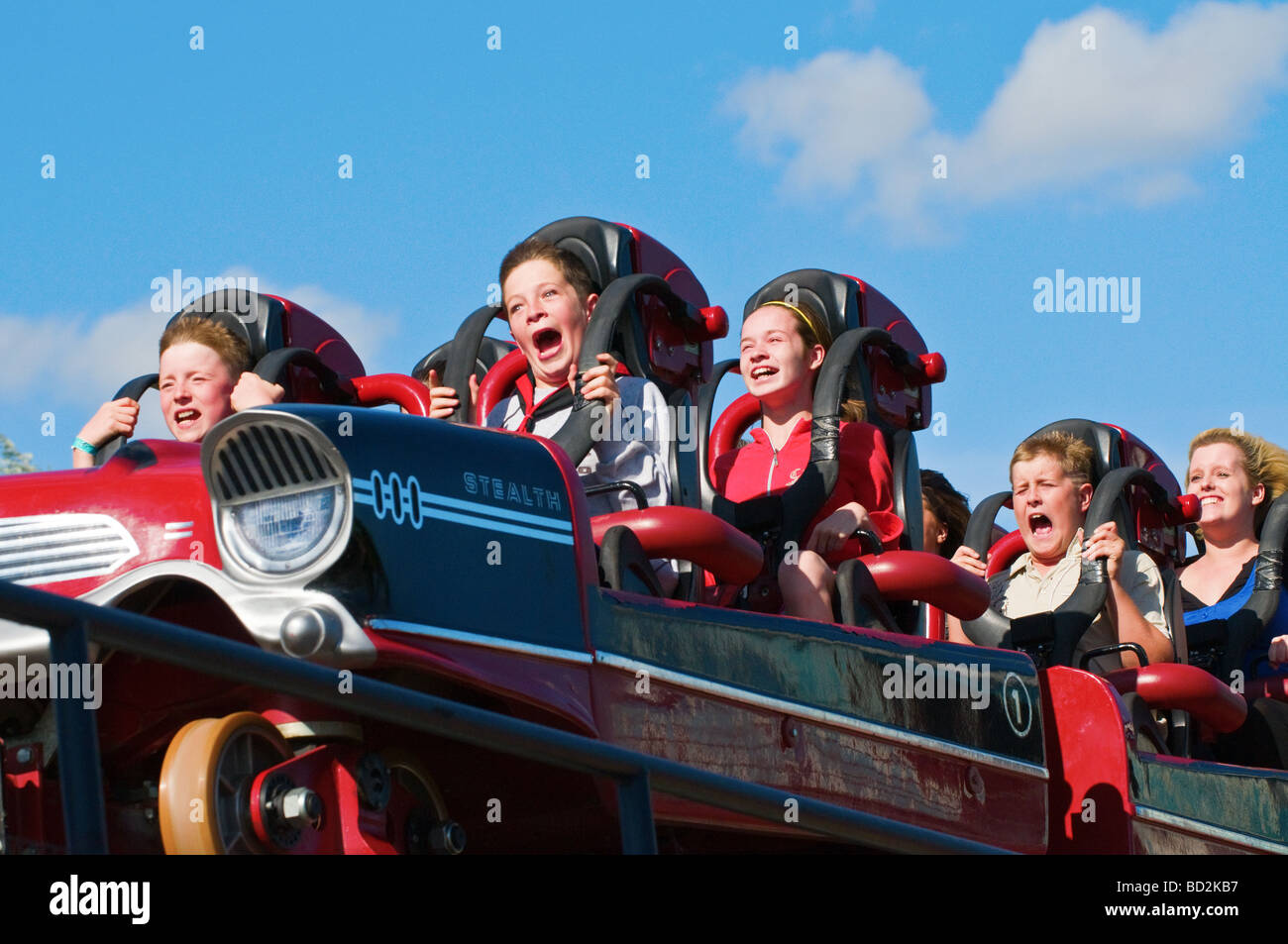 Stealth roller coaster ride, Thorpe Park Theme Park, Surrey, England, UK. Pleasure park and ride
