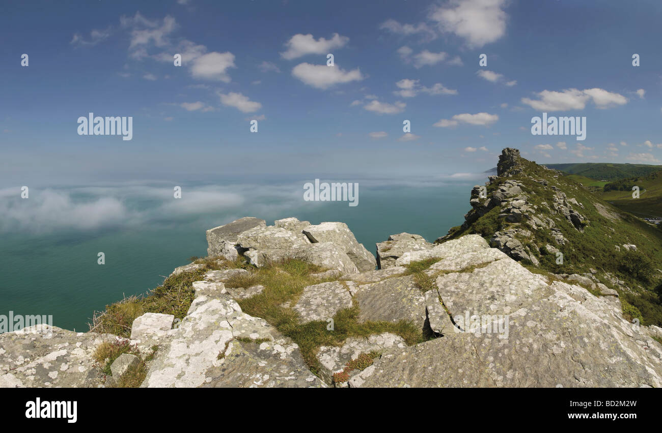 the coast of the valley of the rocks lynton devon with sea fog against the cliffs Stock Photo