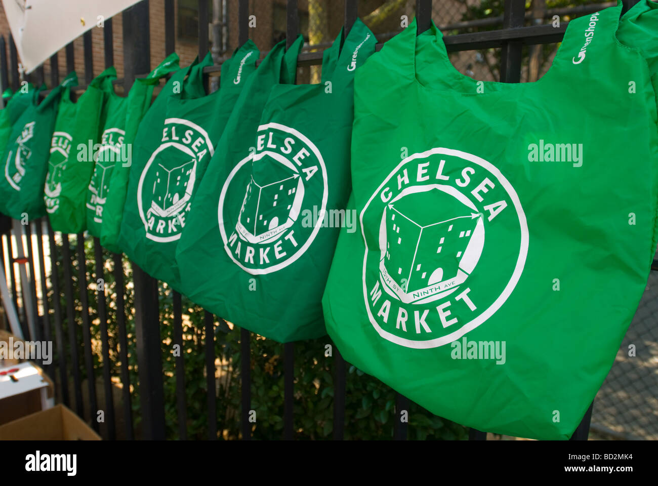 Reusable shopping bags at the Fulton Youth of the Future Youthmarket in the New York neighborhood of Chelsea Stock Photo