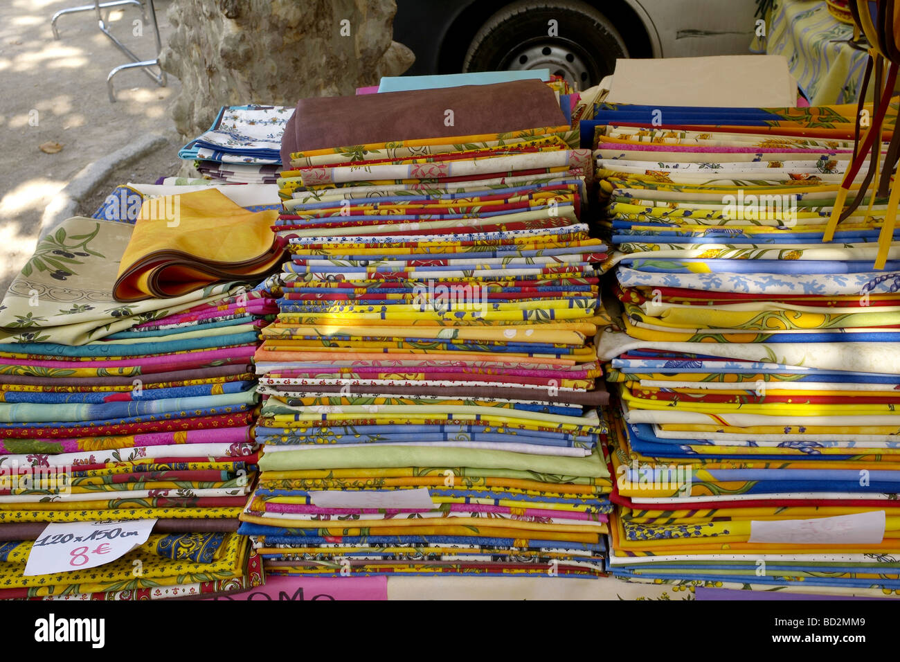 Market stall in Provence,South of France selling colored coloured napkins Stock Photo