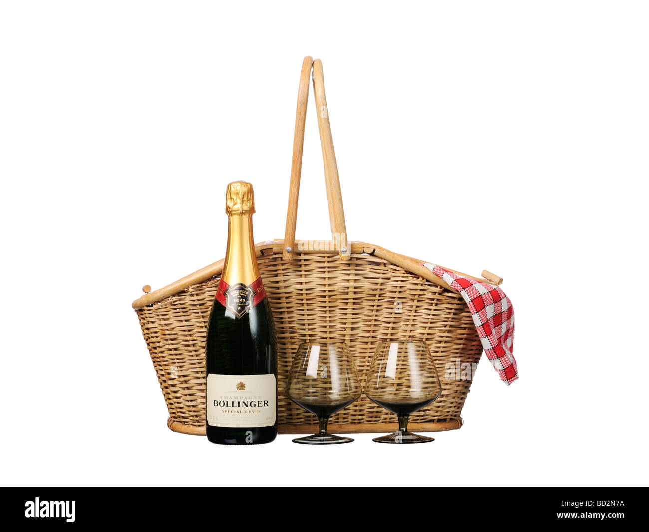 Traditional Picnic basket Champagne glasses Stock Photo