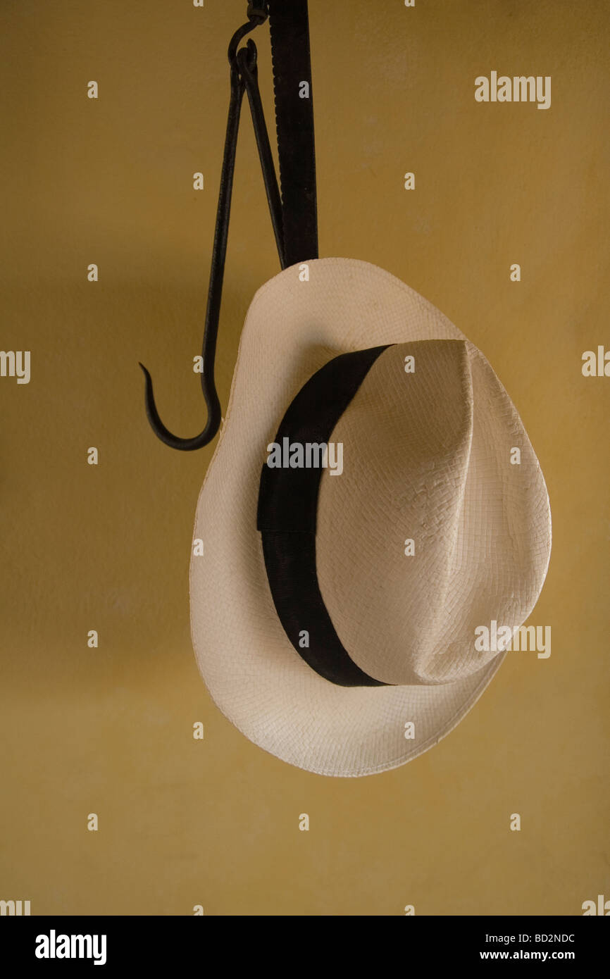 Panama hat on hook with coloured background Stock Photo