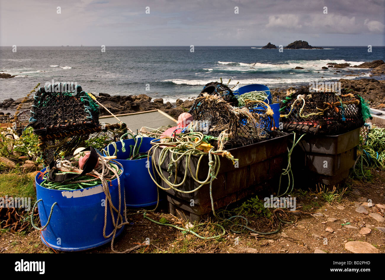 Fishing gear in Priests Cove in Cornwall. Stock Photo