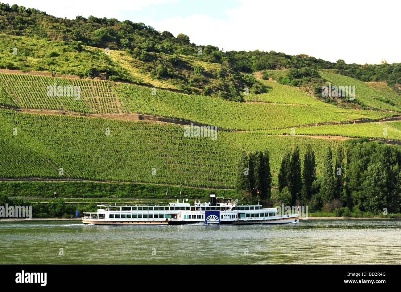 Cruise ship travelling down the Rivel Rhine in Germany Stock Photo